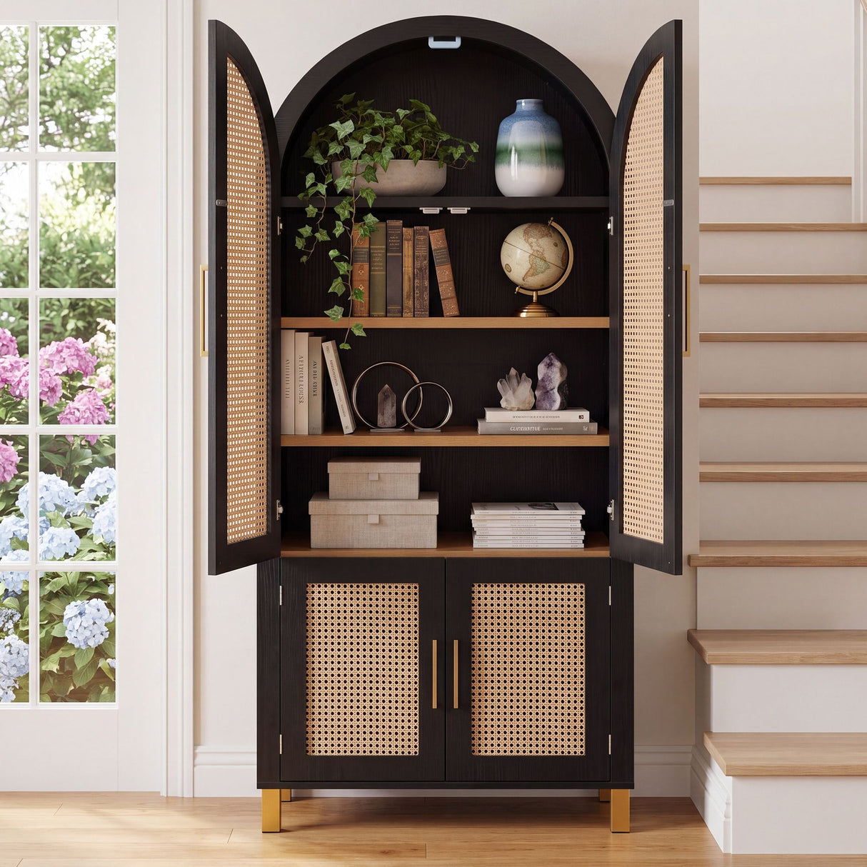 Tall Arched Cabinet With Rattan Doors & Adjustable Shelves
