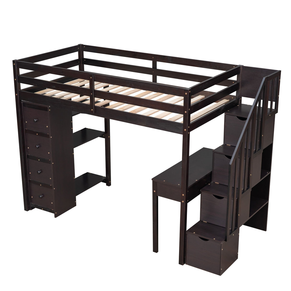 Loft Bed With Storage Drawers, Desk And Stairs With Shelves