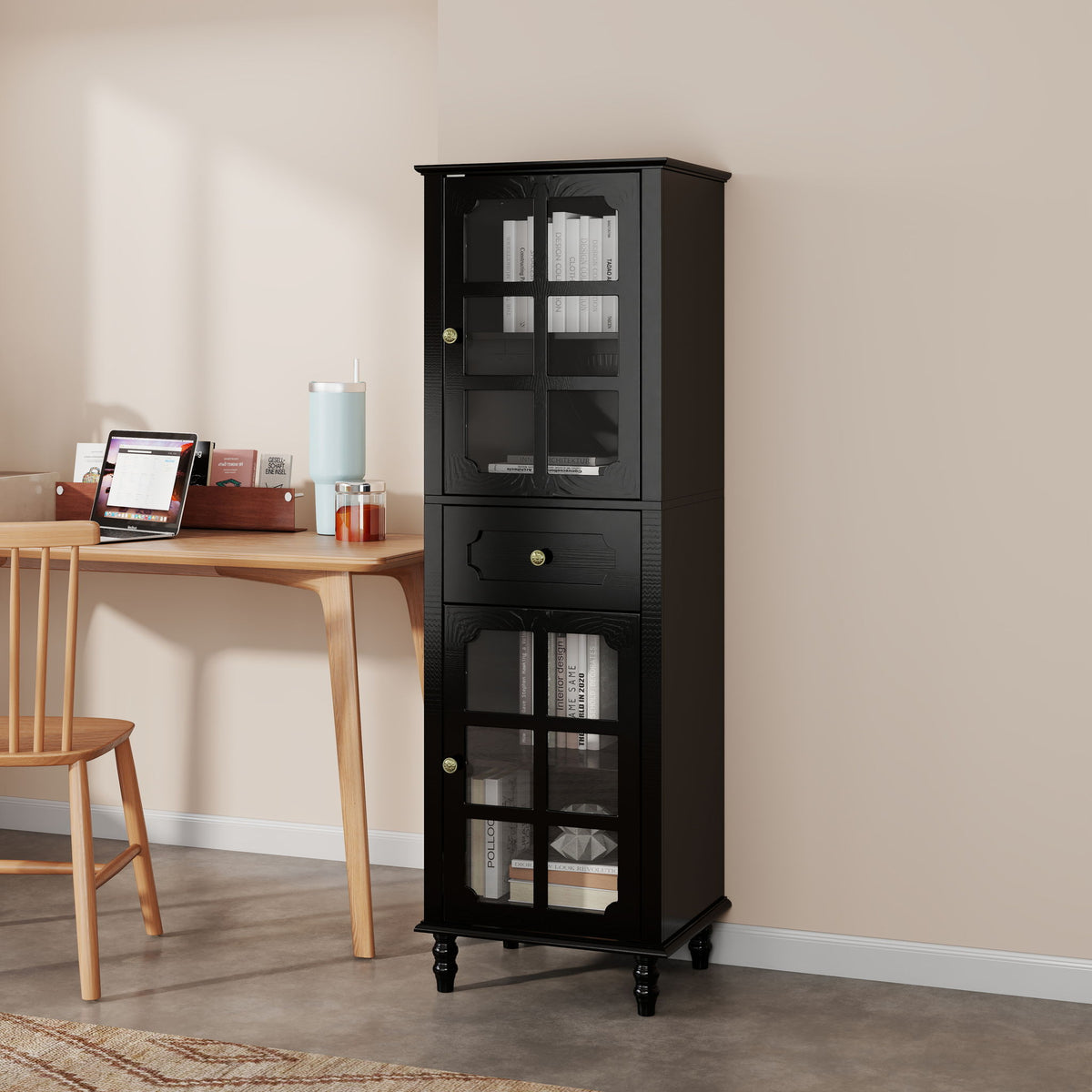 Storage Cabinet, Freestanding Curio Cabinet With Grid Doors & Drawer, Pantry Display Cabinet For Kitchen
