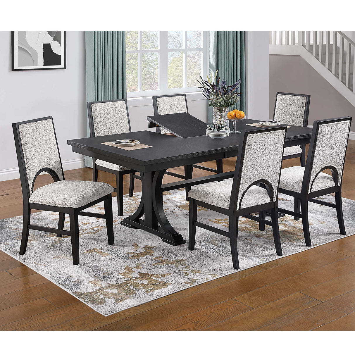 7 Piece Set, Trestle Dining Table And 6 Side Chairs With Cutout Back - Black / Charcoal / White