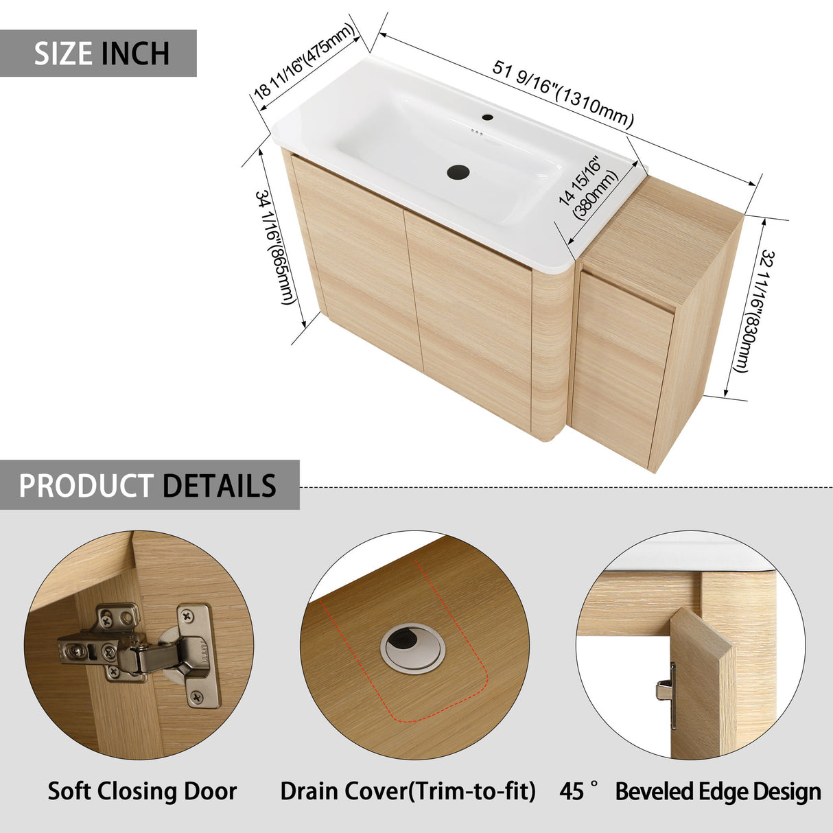 Freestanding Bathroom Vanity With Sink, 1 Small Storage Cabinet, Soft Close Door