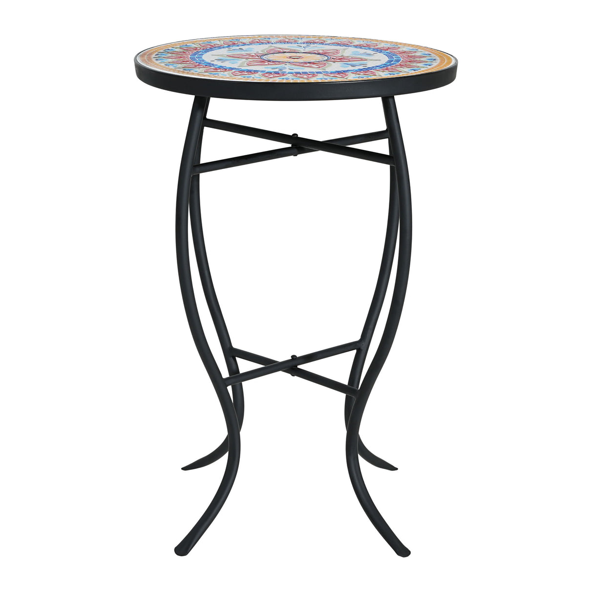 Outdoor Round Side Table With Mosaic Style Top And Curved Iron Legs