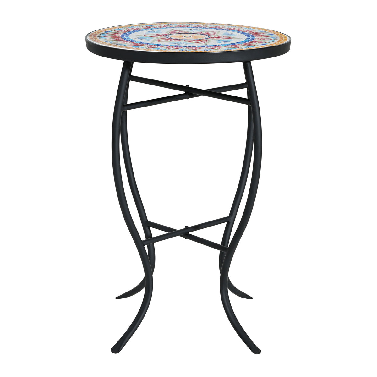 Outdoor Round Side Table With Mosaic Style Top And Curved Iron Legs