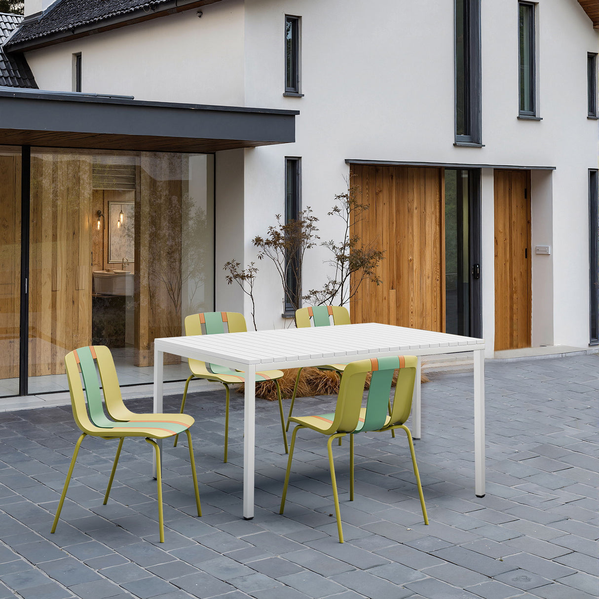 4 Piece Set Of Striped Color Blocking Single Chairs & Long Table - Grain Yellow / Haze Green / Tropical Orange / White