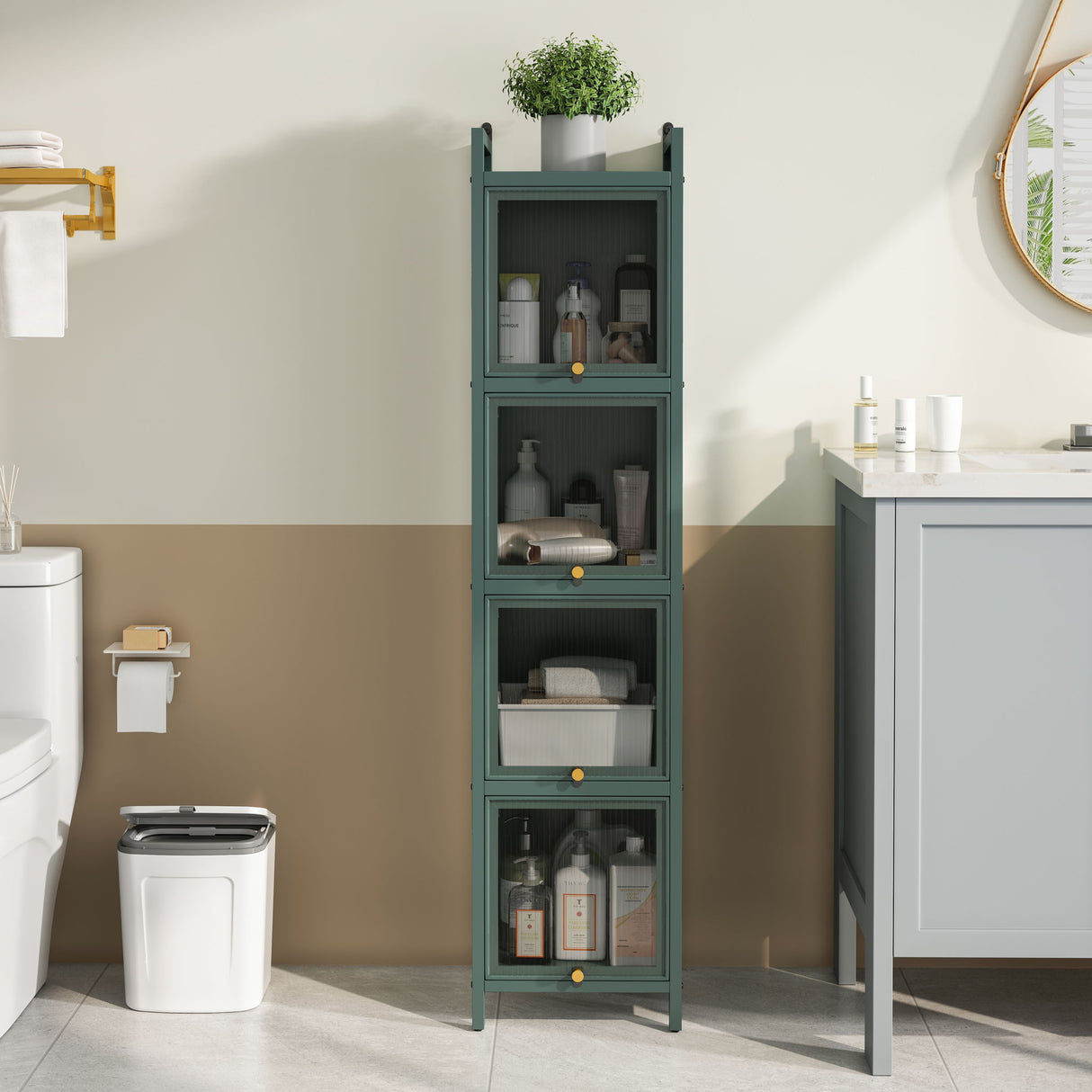 Glass Door Cabinet With Tier Storage