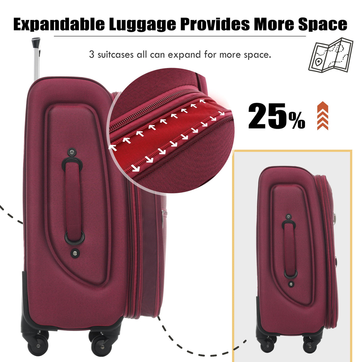Softside Luggage Expandable 3 Piece Set Upright Spinner Lightweight Suitcase