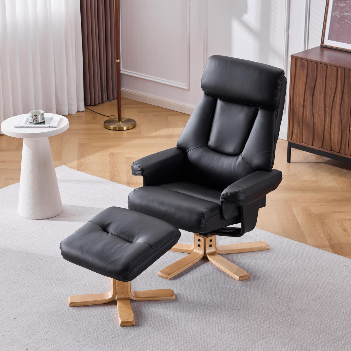 Massage Recliner With Ottoman, 360° Swivel, Heat & Vibration - Black Pu