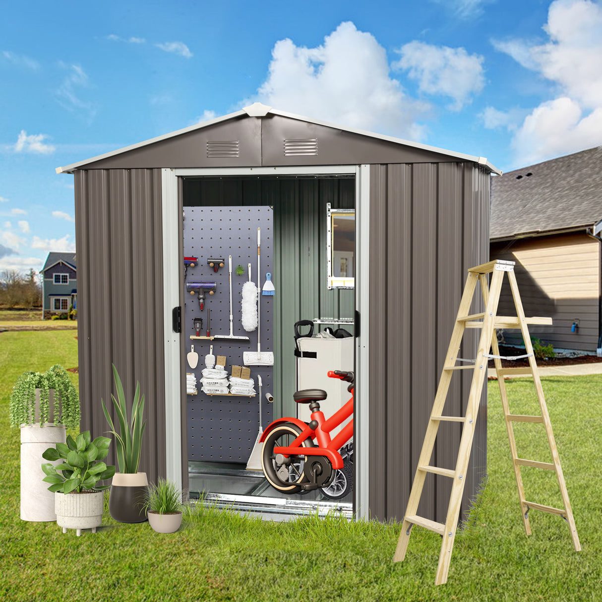 Outdoor Metal Storage Shed Garden Building Weather Resistant Steel 7.5x4ft