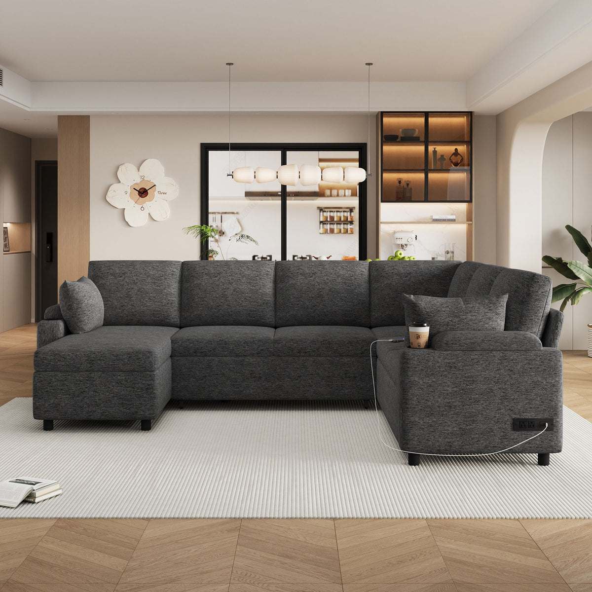 U-Shaped Sectional Sleeper Sofa With Ample Storage Space, 2 Cup Holders And Charging Ports For Living Room