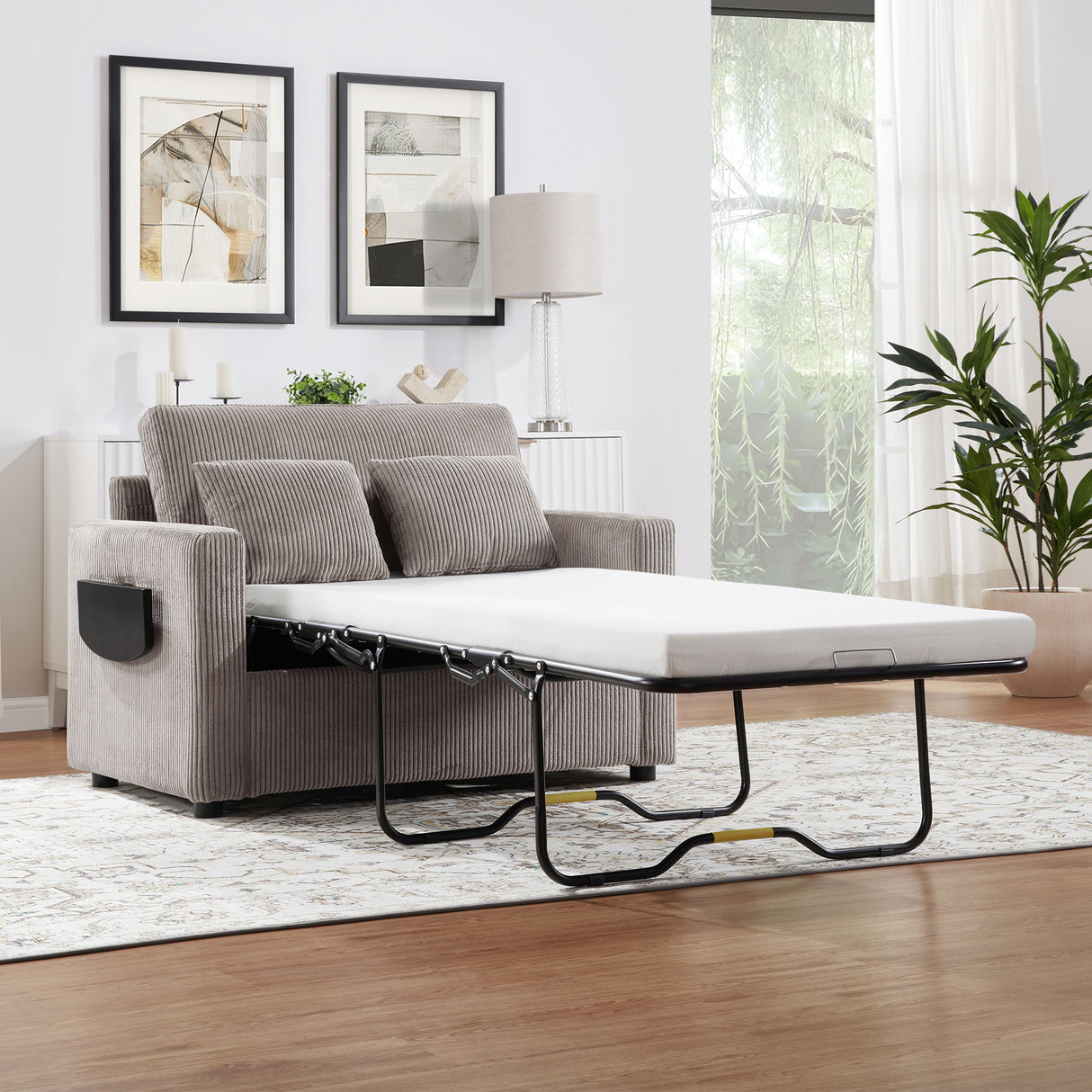 Sleeper Sofa With Foldable Mattress, USB Ports, Side Table & Storage Pocket