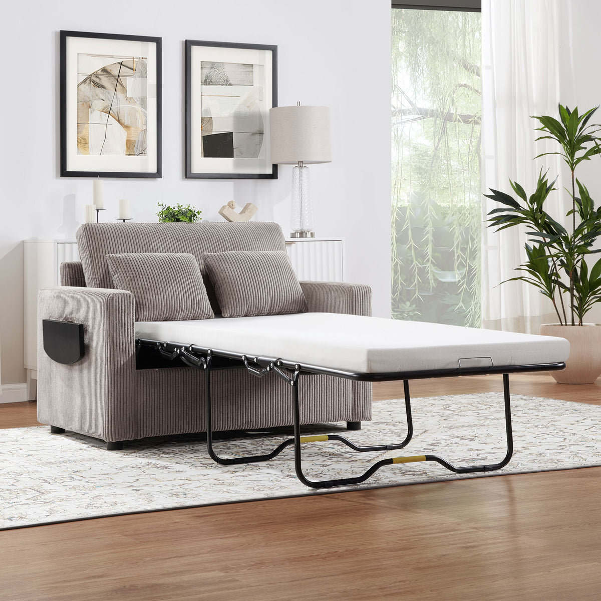 Sleeper Sofa With Foldable Mattress, USB Ports, Side Table & Storage Pocket