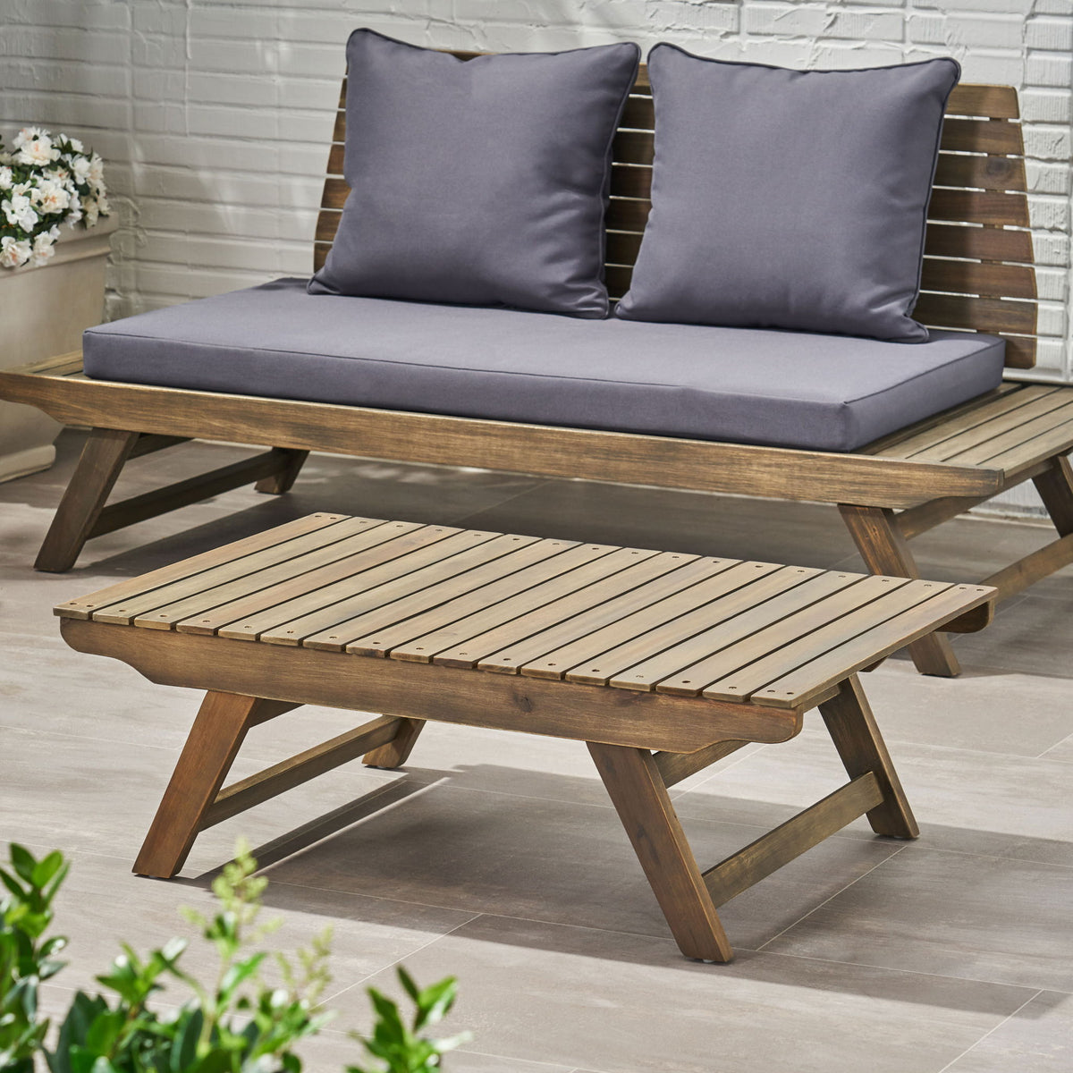Outdoor Acacia Wood Coffee Table With Open Slat Design - Gray