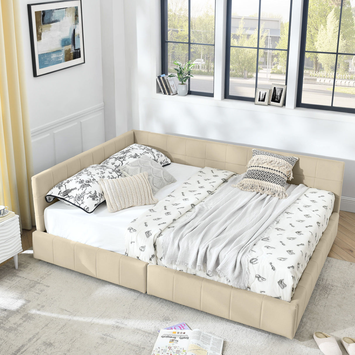 Upholstered Storage Tufted Bed Frame With Backrest And Armrests