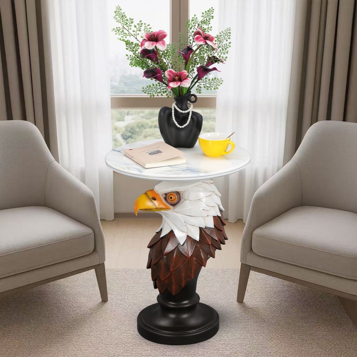 Eagle Head Accent Table, Animal Statue End Tables For Living Room - Brown / Antique White - Accent Tables available at Alpine Outlets in Denver