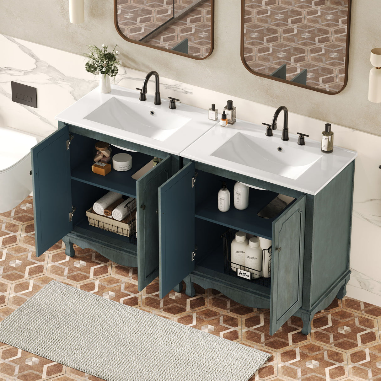 Double Sinks Bathroom Vanity Set, Vintage Bathroom Cabinet With 2 Separate Sinks - Antique Blue Green / Teal
