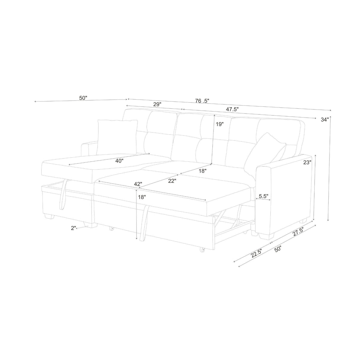 Upholstered Sectional With Pull Out Bed And Chaise Storage