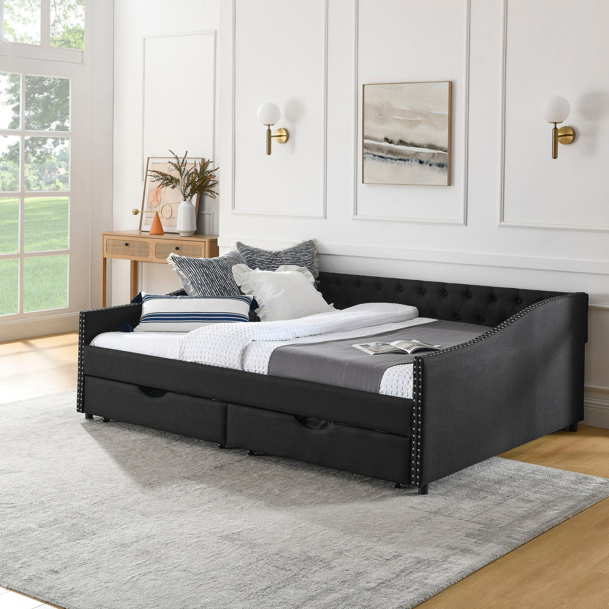 Upholstered Tufted Daybed With 2 Drawers, Waved Arms