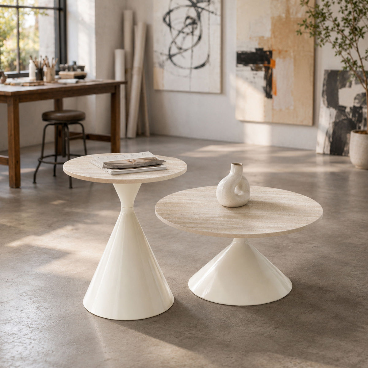 2 Piece Round Coffee Table Set - White
