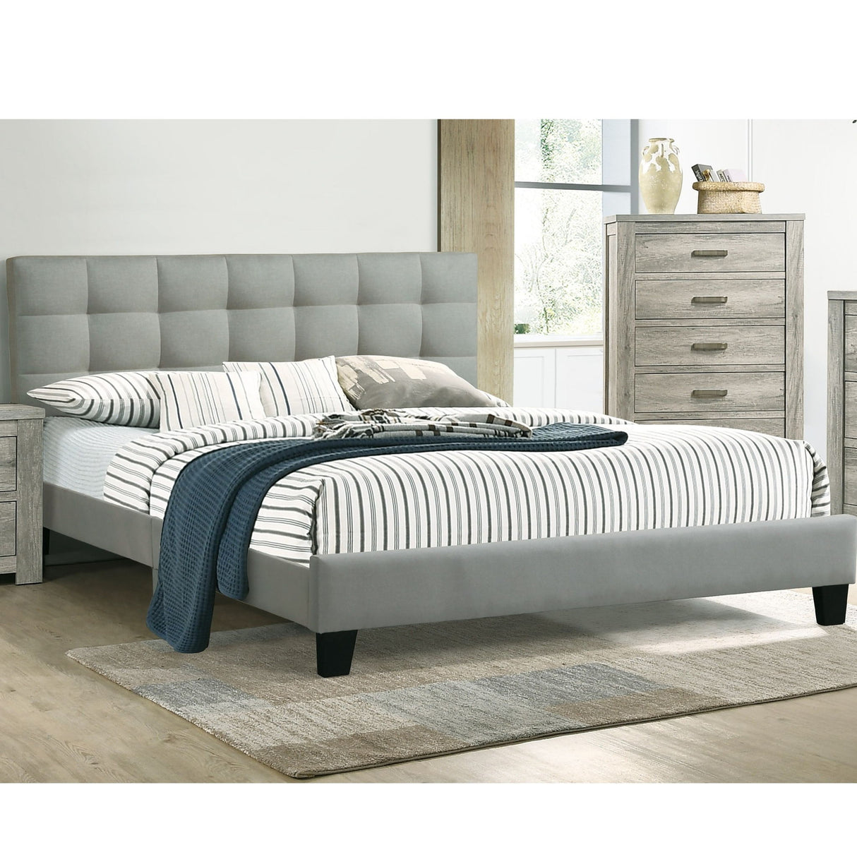 California King Size Tufted Headboard Platform Bedframe, Bedroom Furniture - Gray / Light Gray