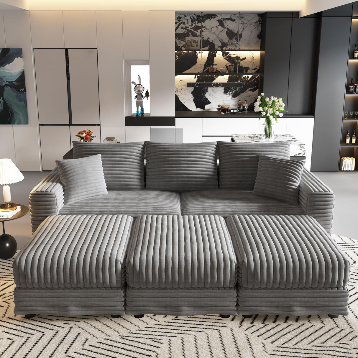 Convertible Deep Seat Sofa With Soft Pillows And Ottomans
