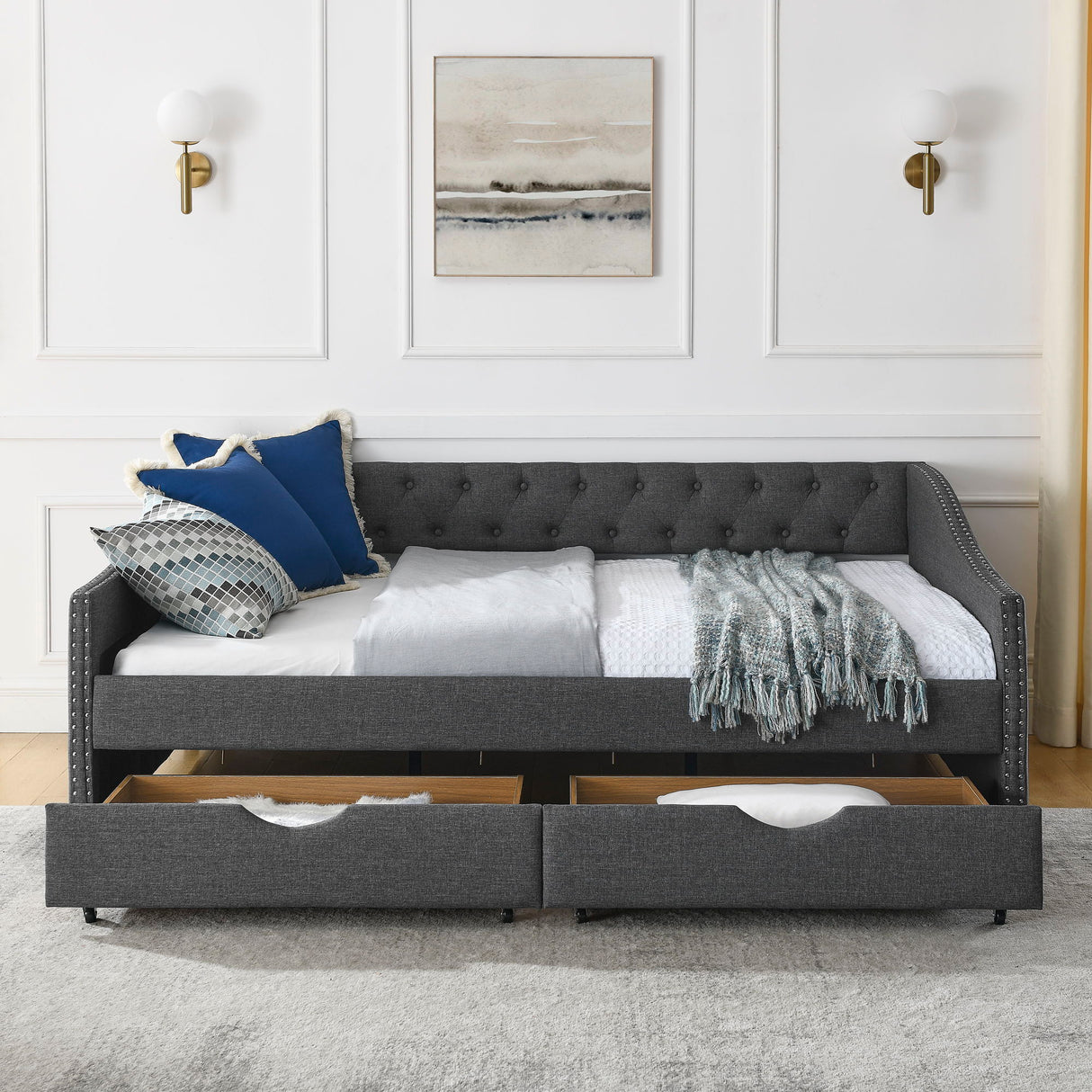 Upholstered Tufted Daybed With 2 Drawers, Waved Arms