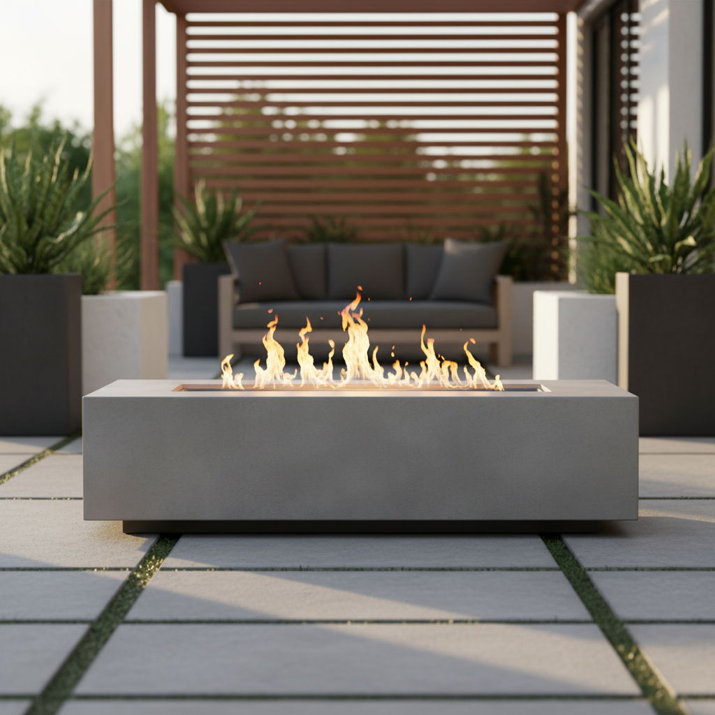 Propane Outdoor Fire Pit Table Garden Heater Cement 56x15in Cream White