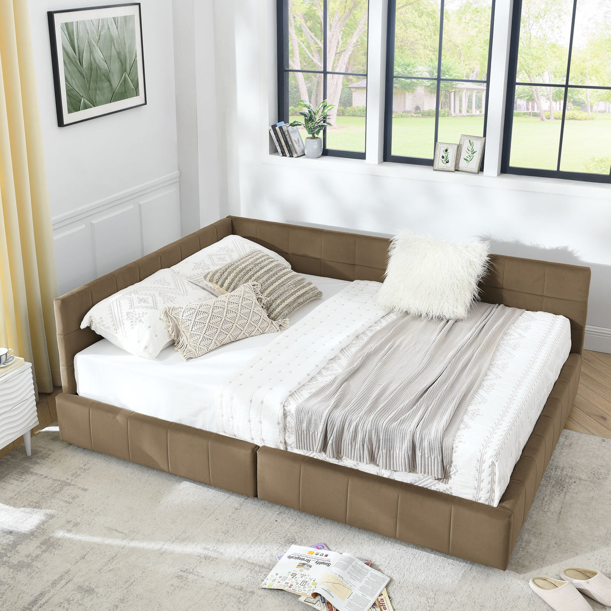 Storage Upholstered Tufted Bed Frame With Backrest And Armrests