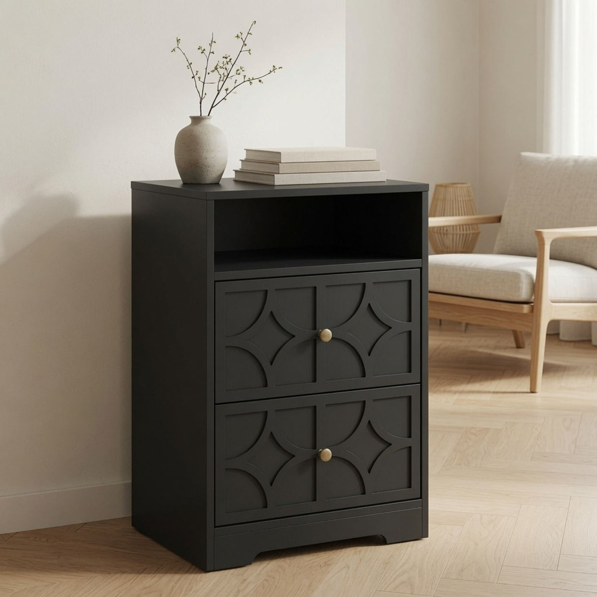 Nightstand With Diamond Carvings Handles, 2 Drawers & Charging Station