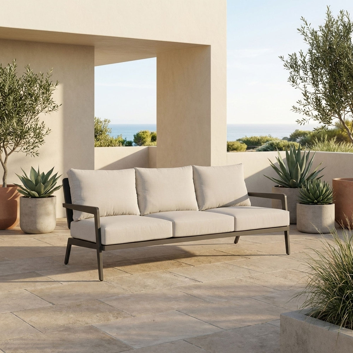Avila - Outdoor Sofa With Woven Rattan Details Aluminum Frame And Cushions - Dark Bronze / Silver Ash