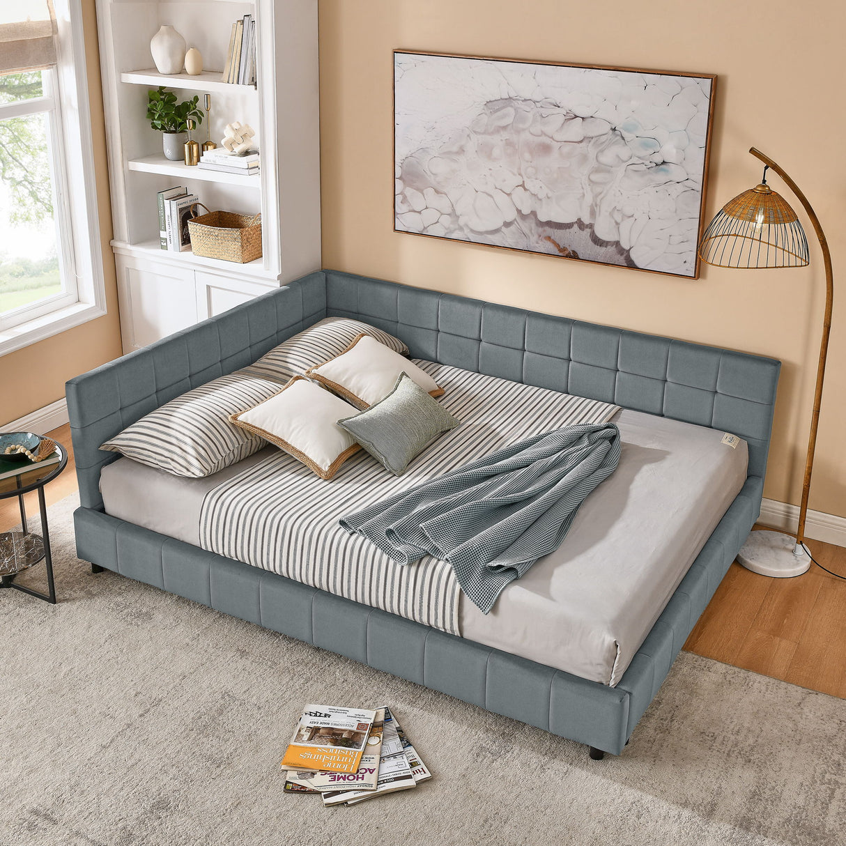 Elegant Storage Upholstered Tufted Bed Frame With Backrest And Armrests