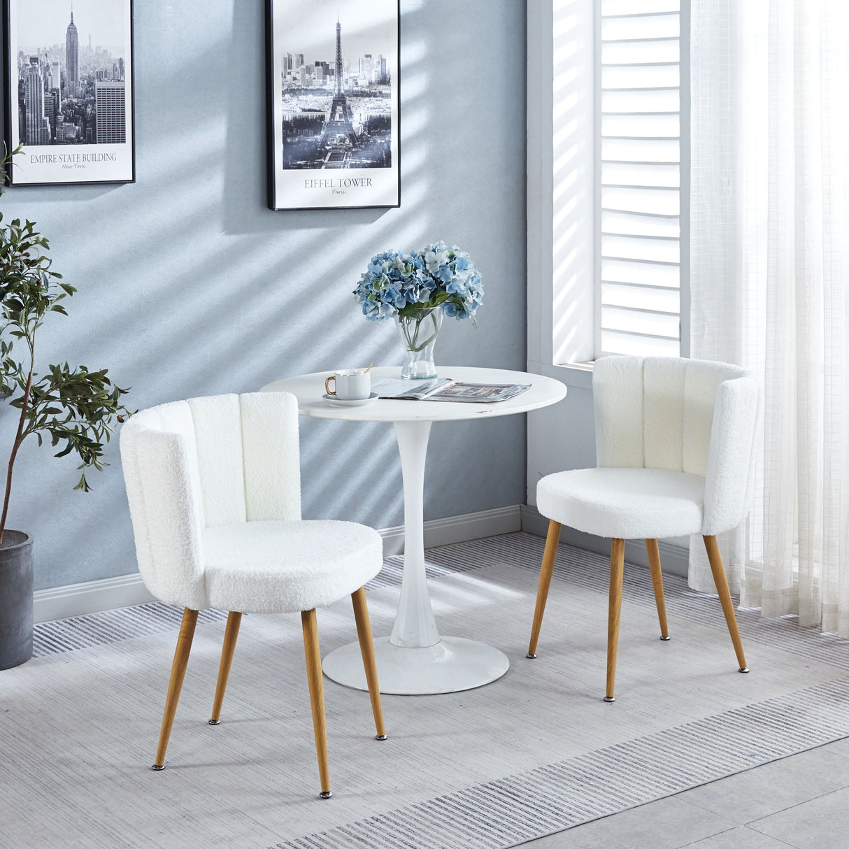 Modern Dining Chair (Set of 2) With Iron Tube Wood Color Legs, Shorthair Cushions And Comfortable Backrest, Suitable For Dining Room, Living Room, Cafe, Simple Structure - White