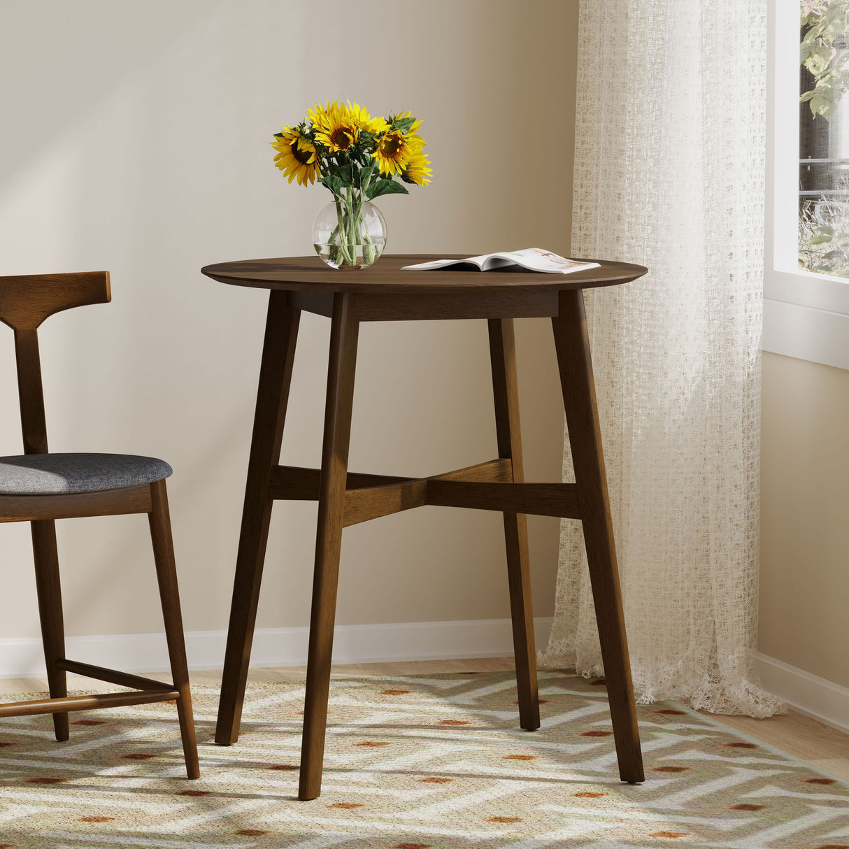 Round Counter Height Dining Table With Thick Rubberwood Legs And Support Beams - Walnut