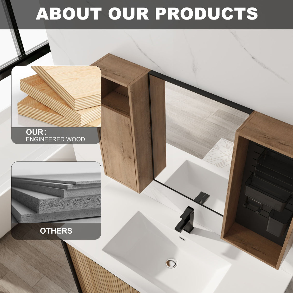 41.6" Wall Mounted Bathroom Cabinet With Soft Close Door, Storage Cabinet Featuring - Imitative Oak
