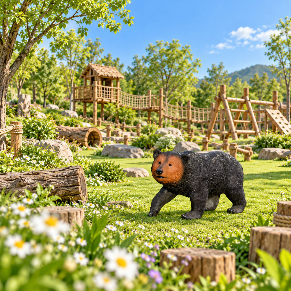 Bear Garden Statue, Walking Animal Sculpture With 2 Ground Stakes For Outdoor Decor - Black