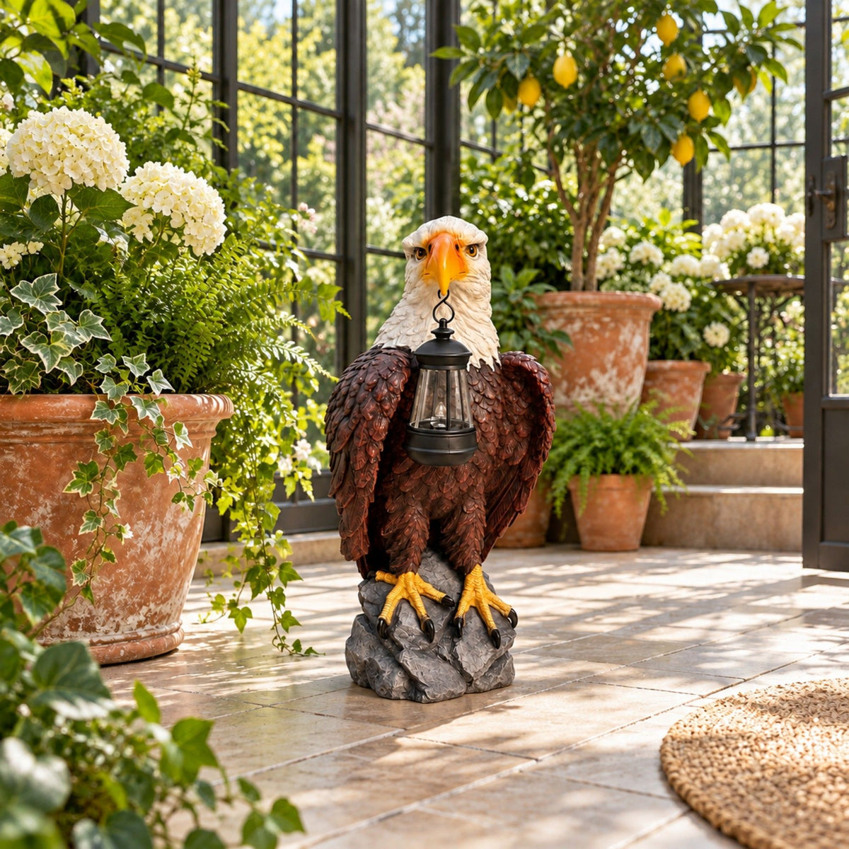 Solar Powered Bald Eagle Statue With Lantern, Outdoor Garden Decor - Black Brown