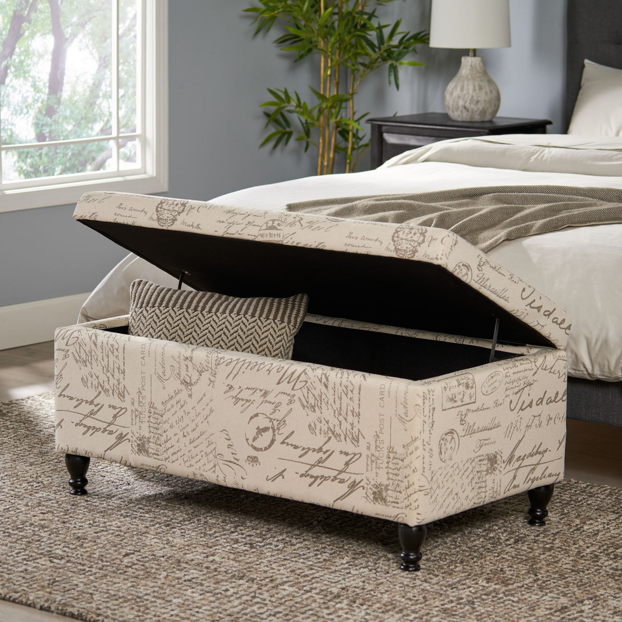 Parisian Upholstered Fabric Storage Ottoman - Beige / Reclaimed Natural
