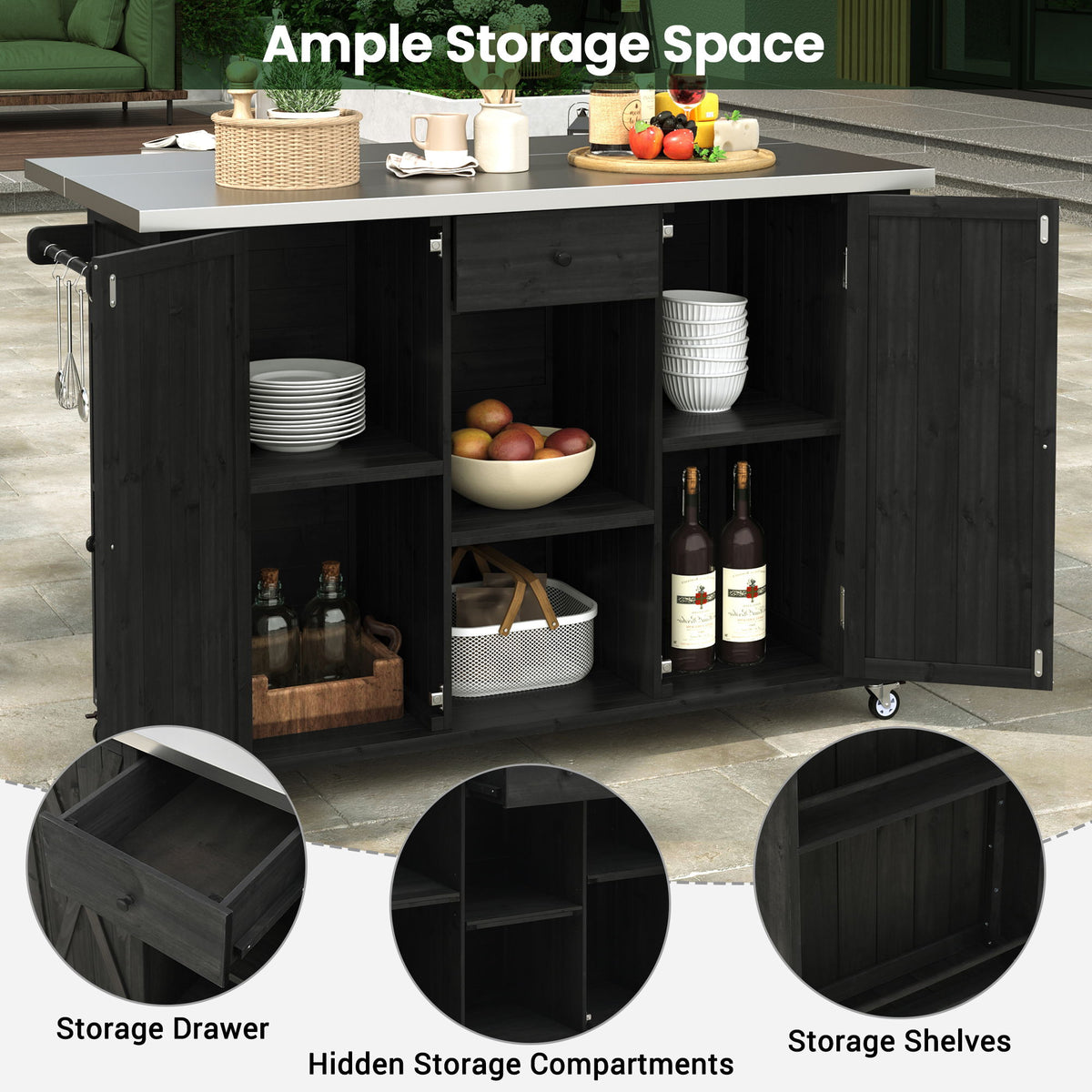 Outdoor Kitchen Island With Stainless Steel Top, Ample Storage Space, Towel And Spice Racks And A Bottle Opener
