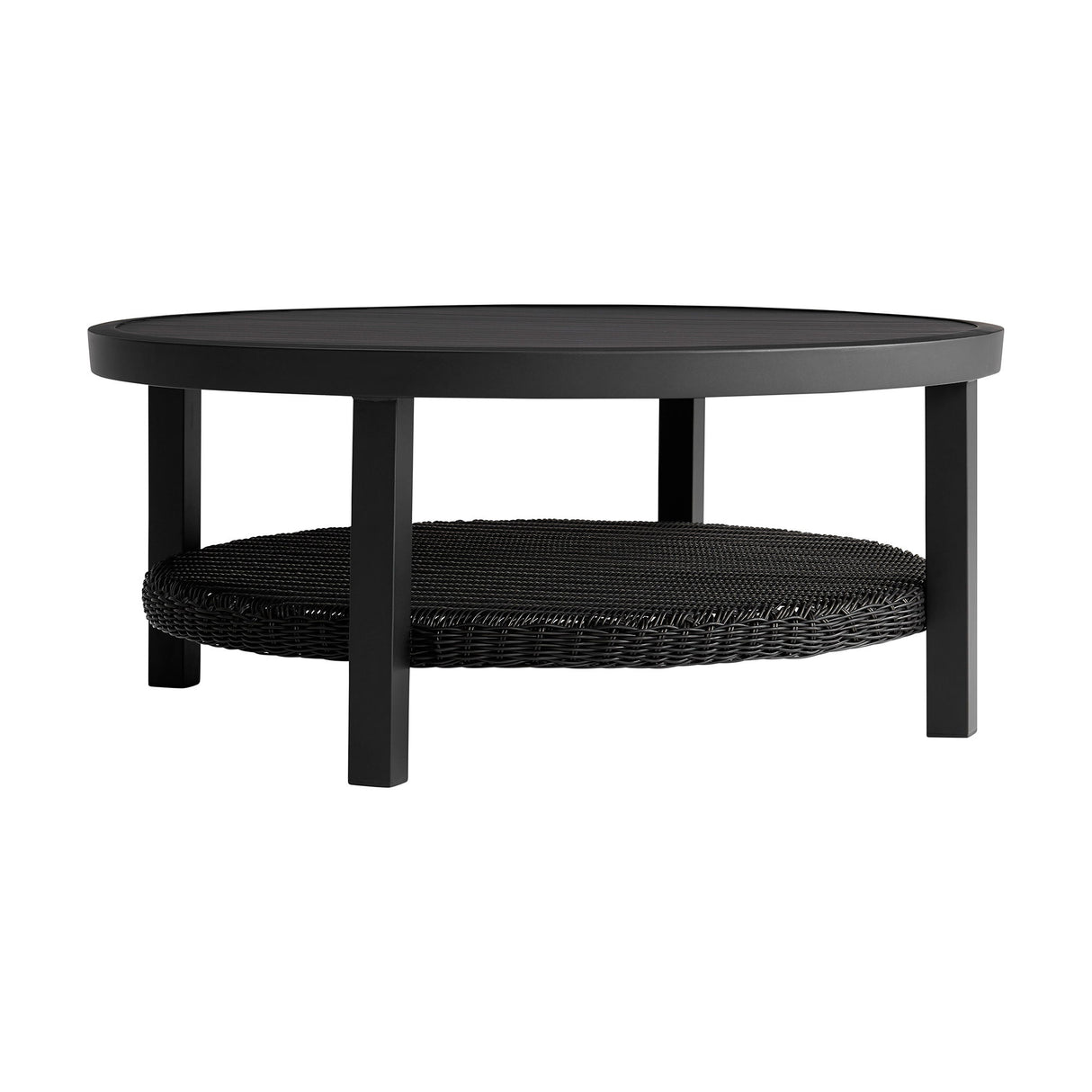 Cayman - Black Aluminum Outdoor Round Conversation Table With Wicker Shelf