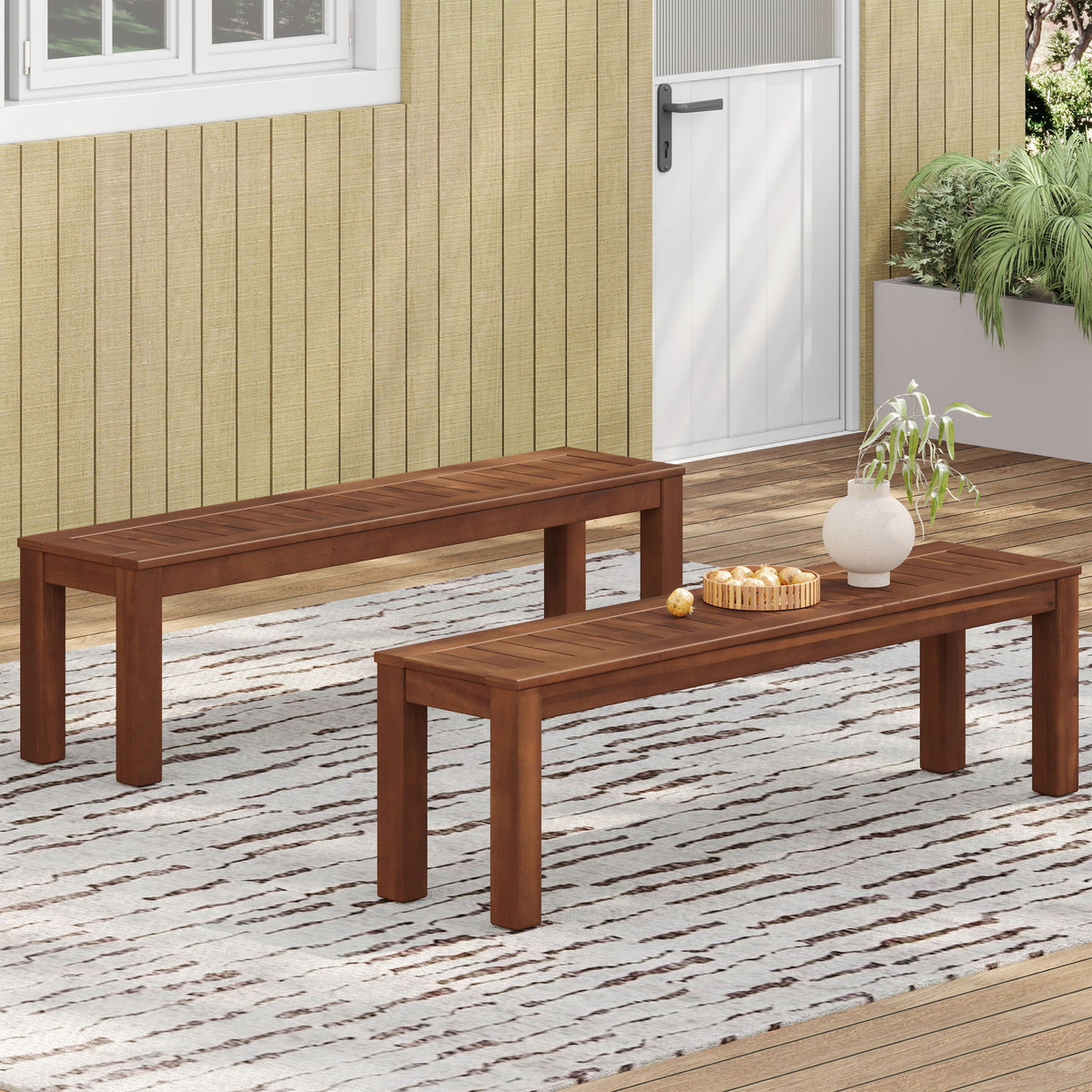 Acacia Wood Outdoor Bench With Beautiful Slat Paneling - Dark Brown