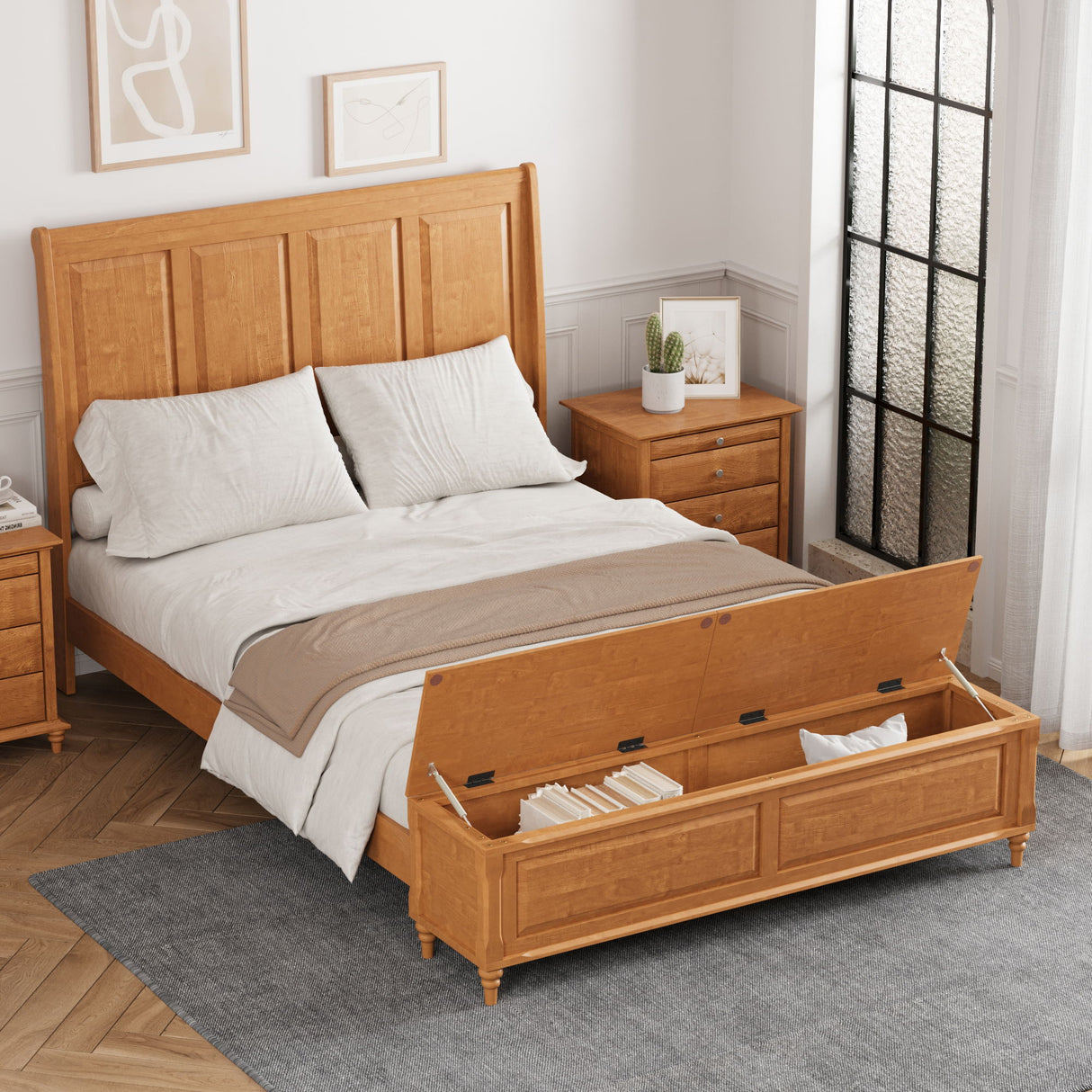 Sleigh Bed Frame With Tall Headboard And Storage Bench