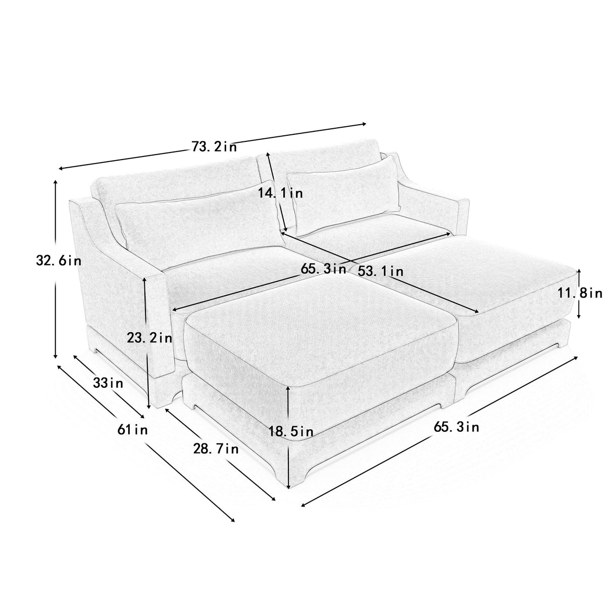Stylish Sofa With Ottoman And Lumbar Pillows, Ergonomic Design
