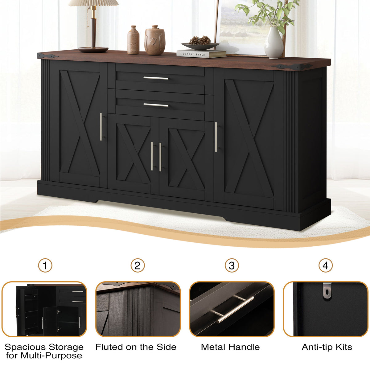 Barn Door Storage Cabinet With 2 Drawers & Door Rack, Adjustable Shelves