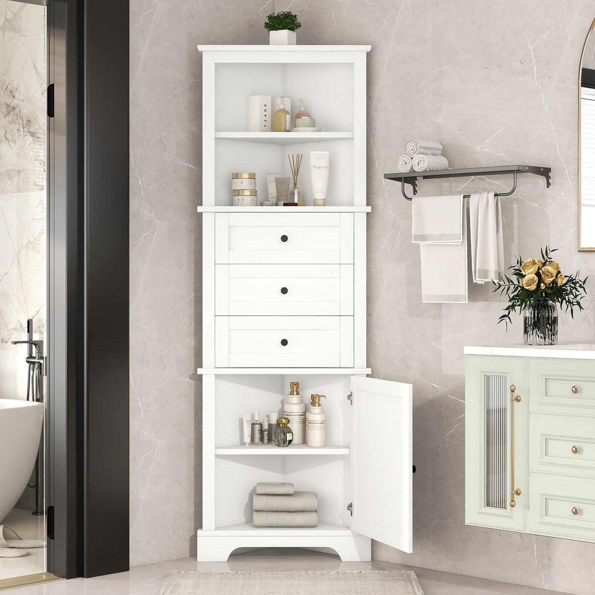 Tall Storage Cabinet With 3 Drawers And Adjustable Shelves For Bathroom