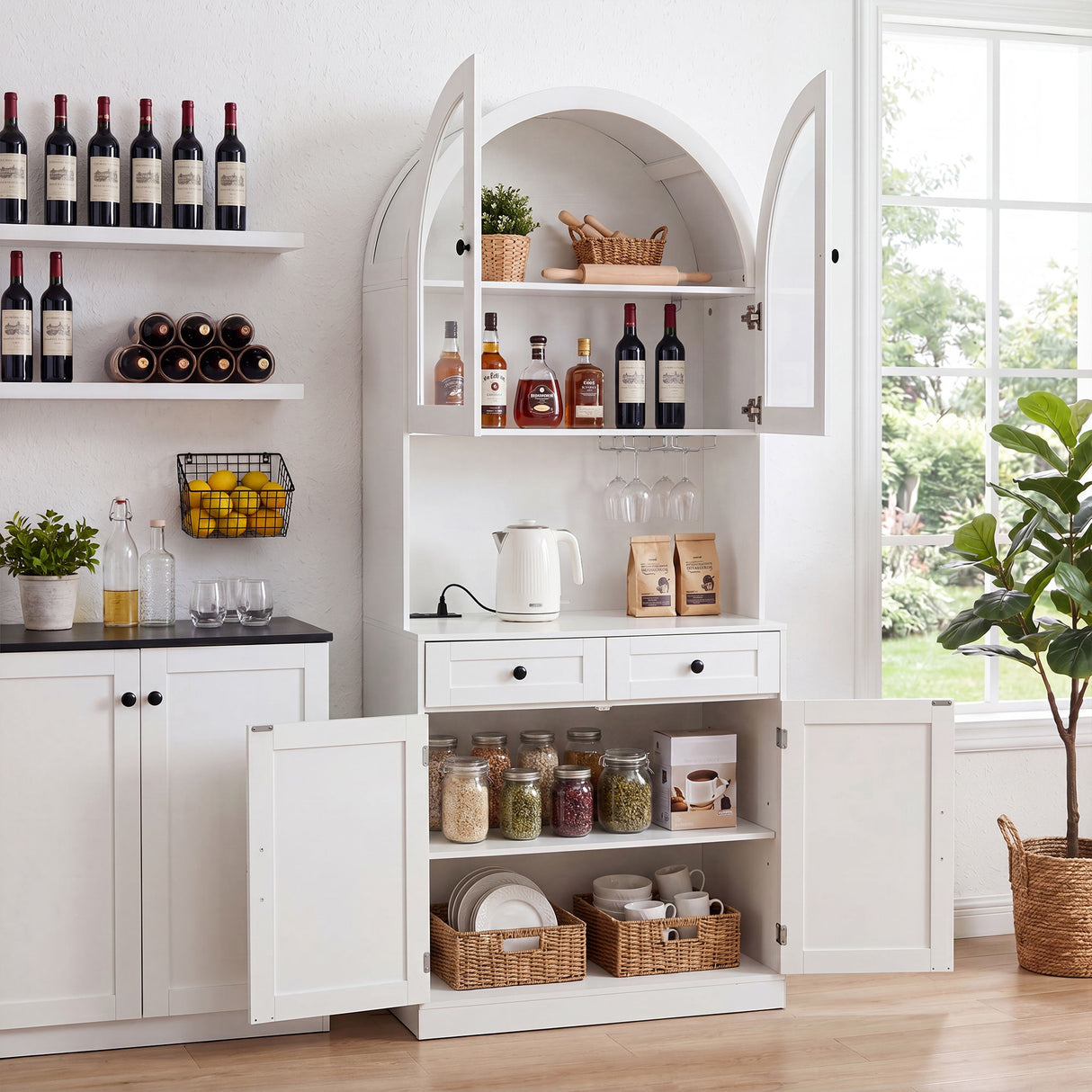 Tall Arched Pantry Cabinet With Charging Station, Adjustable Shelves, Coffee Bar