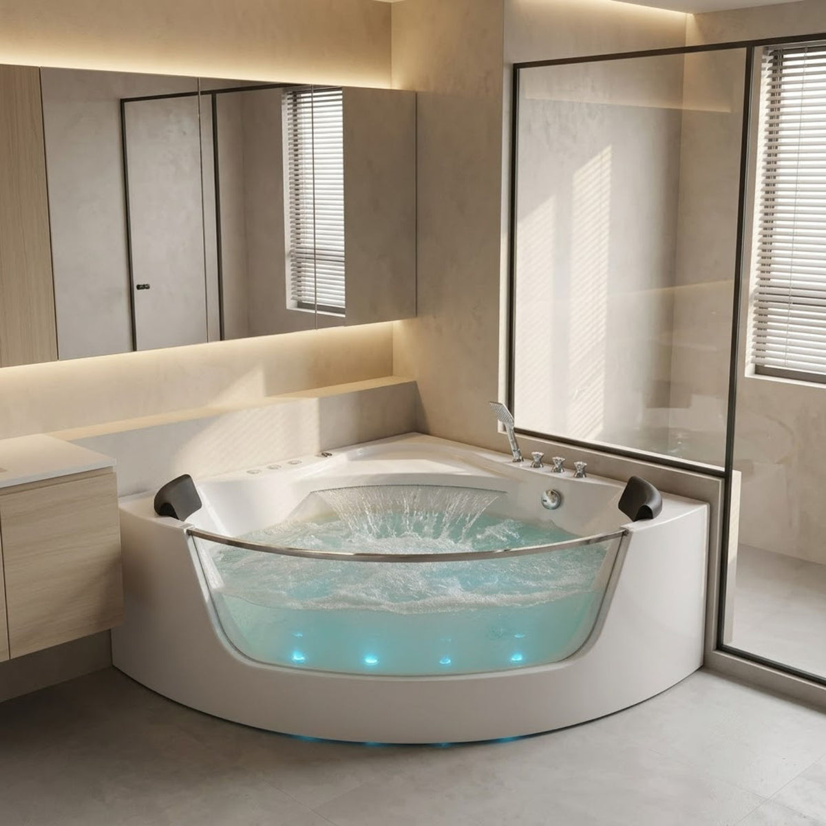 Revive - Massage Bathtub With 1.5 Hp Whirlpool Massage, Hidden Waterfall, LED Bubble Jets And Glass Accent - White