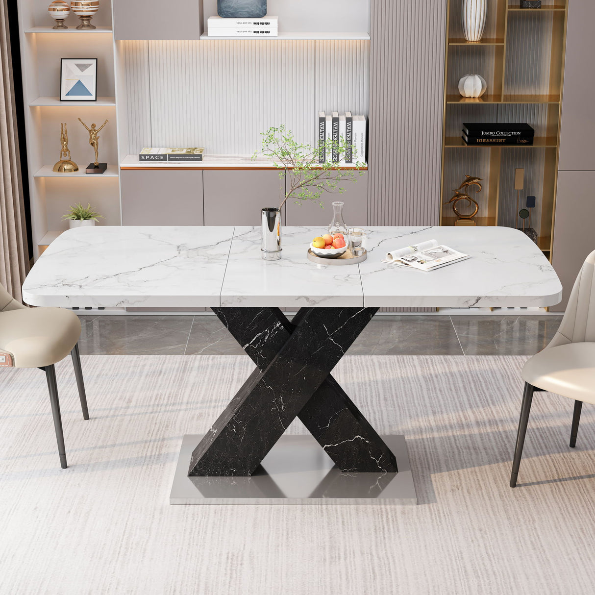Rectangle Dining Table With Stretchable Top, X Shape Mdf Legs With Steel Base - White / Black