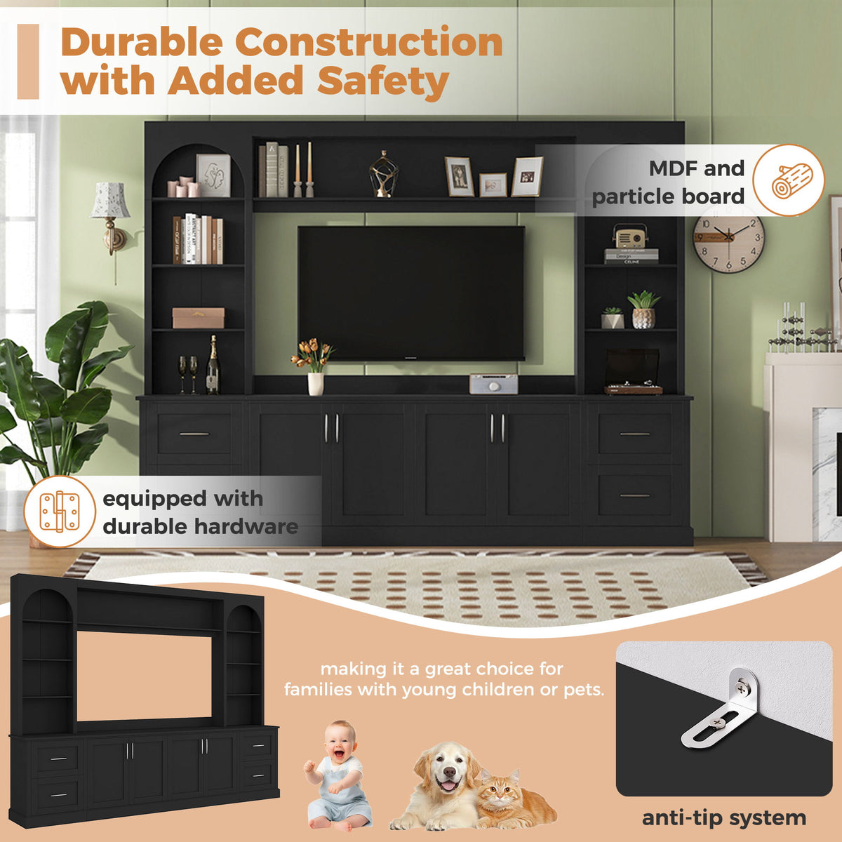 Arched Entertainment Center Wall Unit With Drawers, TV Stand