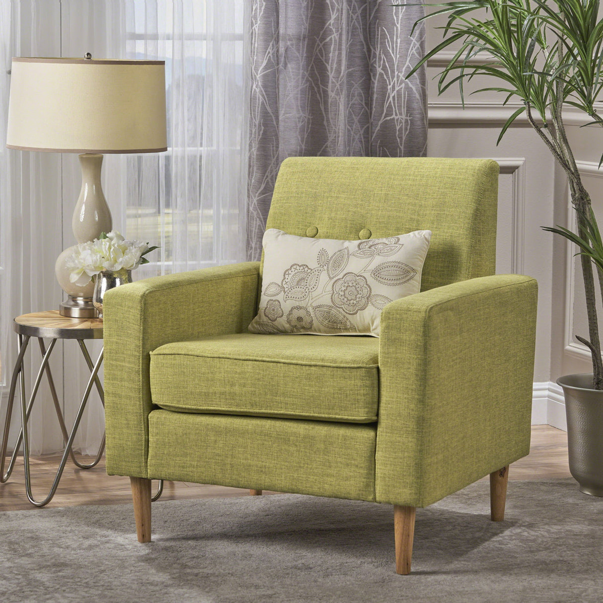 Modern Club Chair, Elegant Fabric With Rubberwood Legs - Green