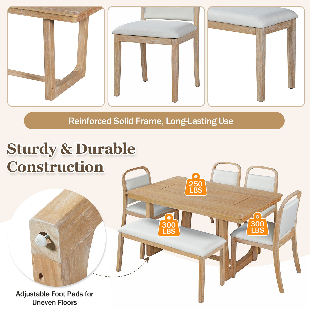 Farmhouse Dining Set With 4 Upholstered Chairs & 1 Bench