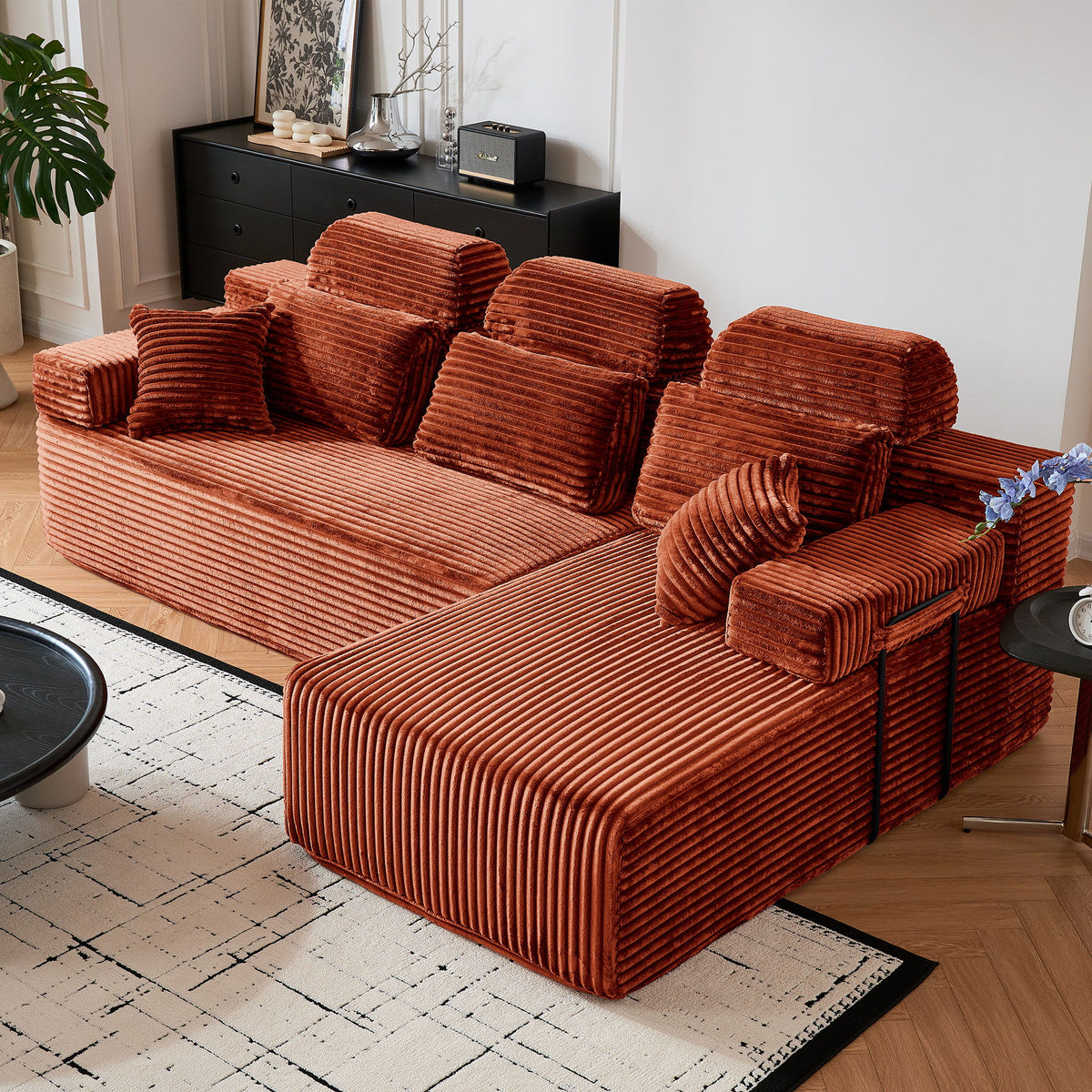 Sectional Sleeper Sofa & Storage Pockets, Modular Couch With Throw Pillows For Living Room